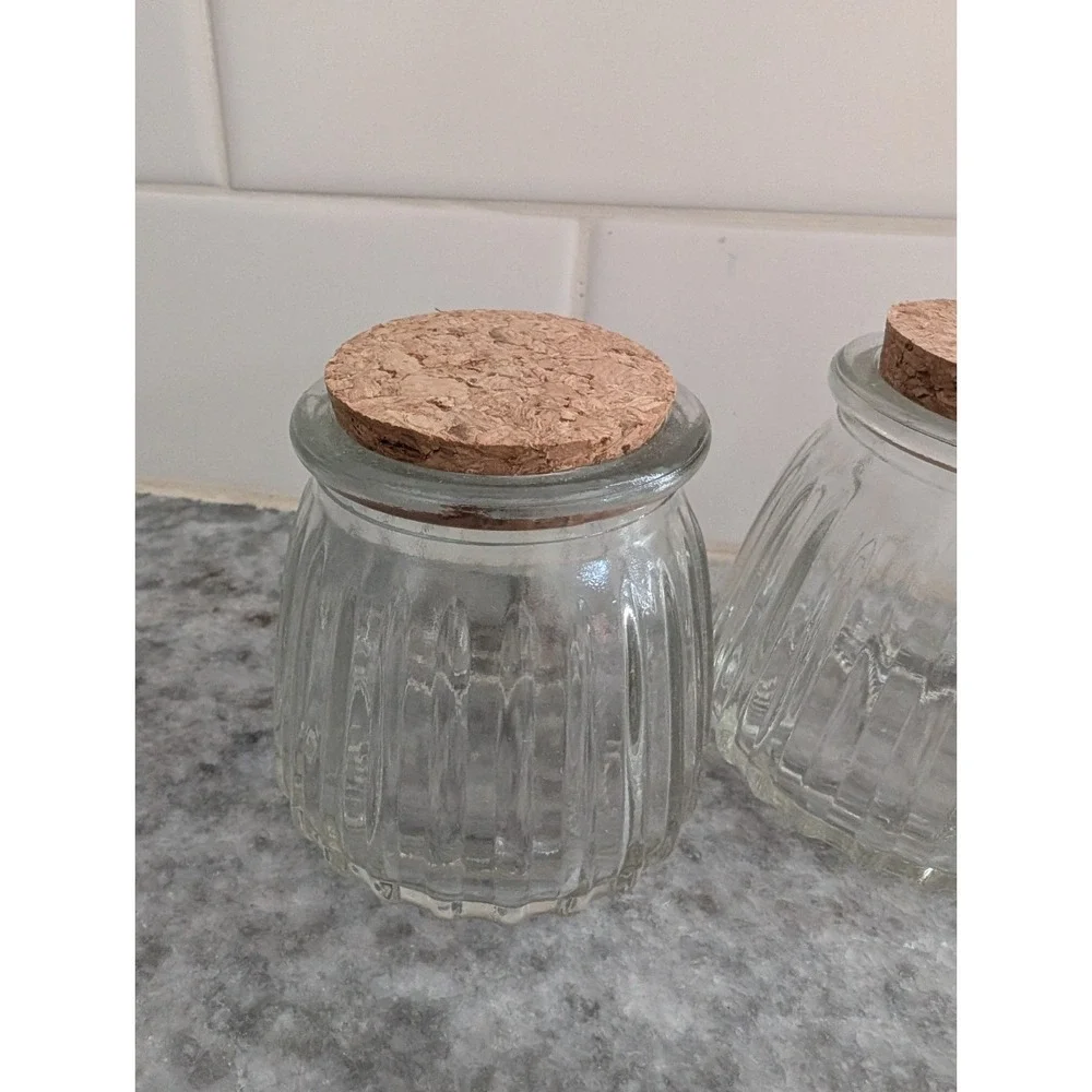 Brand New Ribbed Glass Jar With Cork Lid Small Set Of 3